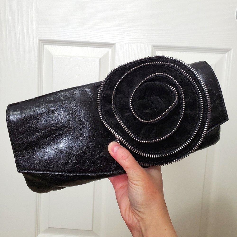High Fashion black glossy leather suede clutch bag rose flower zipper handbag